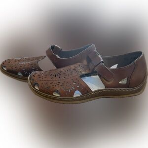 Rieker Shoes Womens Floral Cut Mary Jane T-Strap Flats Brown Leather Casual 10.5